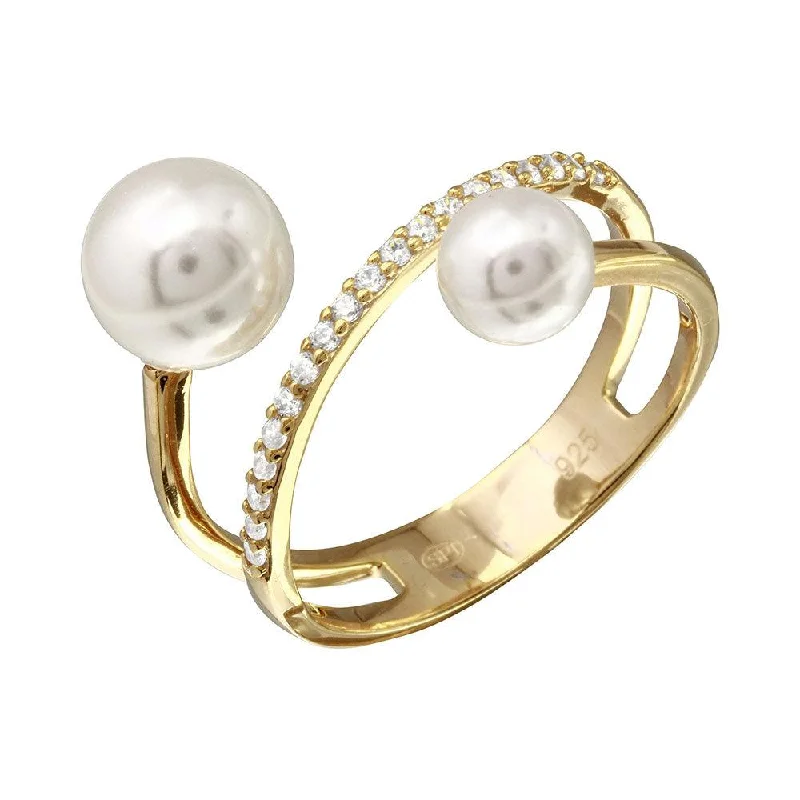 Vintage Gold Rings-Gold Plated 925 Sterling Silver Synthetic Pearl Ended Loop CZ Ring - GMR00206GP