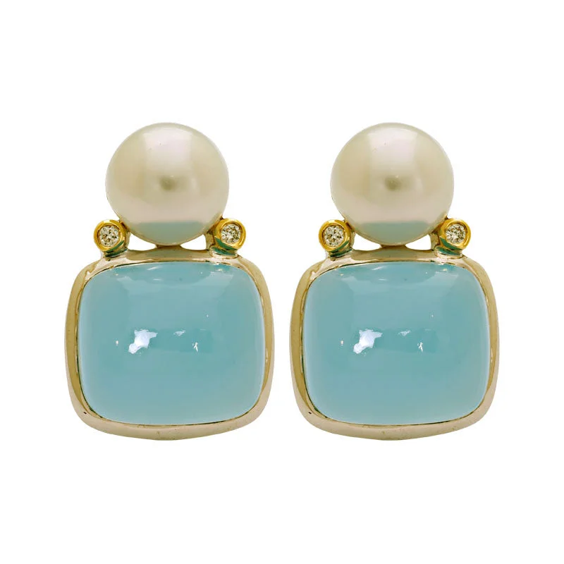 Vibrant Drop Earrings-Earrings- Chalcedony, South Sea Pearl and Diamond