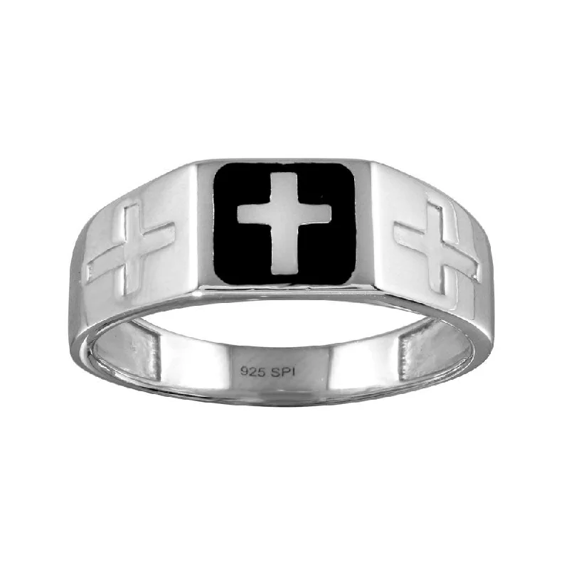 Elegant Wedding Ring Sets-Rhodium Plated 925 Sterling Silver Black Enamel Cross Ring - SOR00006