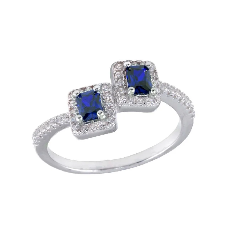 Trendy Silver Rings-Rhodium Plated 925 Sterling Silver Double Square Blue Center CZ Ring - BGR01254BLU