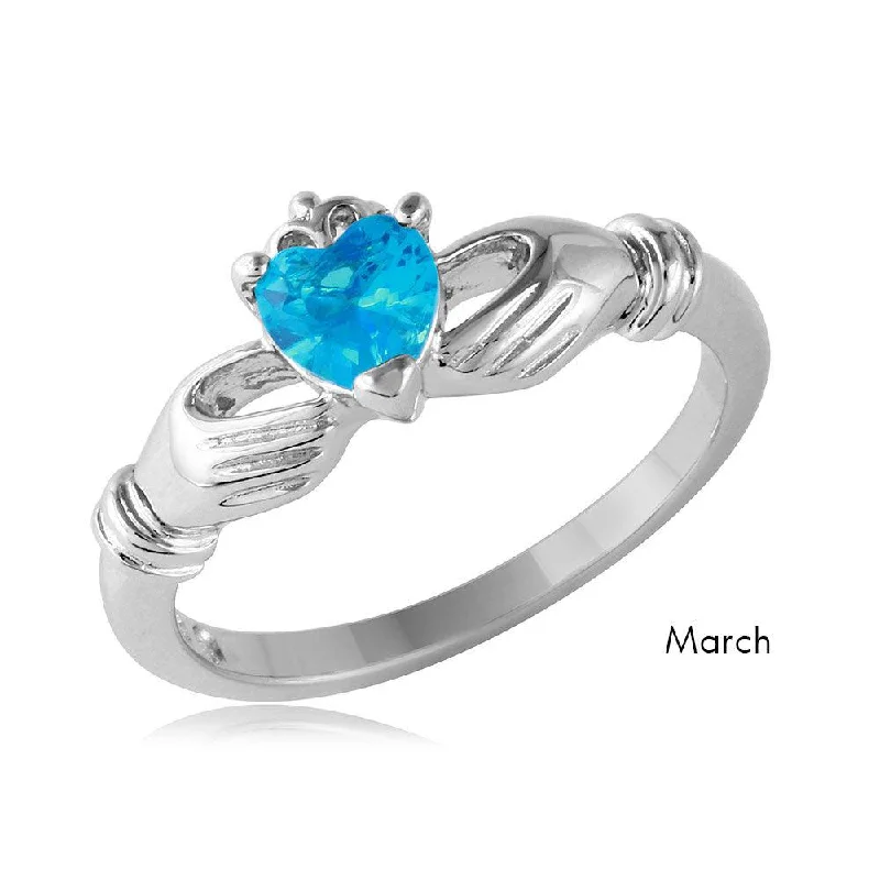 Handcrafted Wedding Bands-March Sterling Silver 925 Rhodium Plated CZ Center Birthstone Claddagh Ring - BGR01083MAR