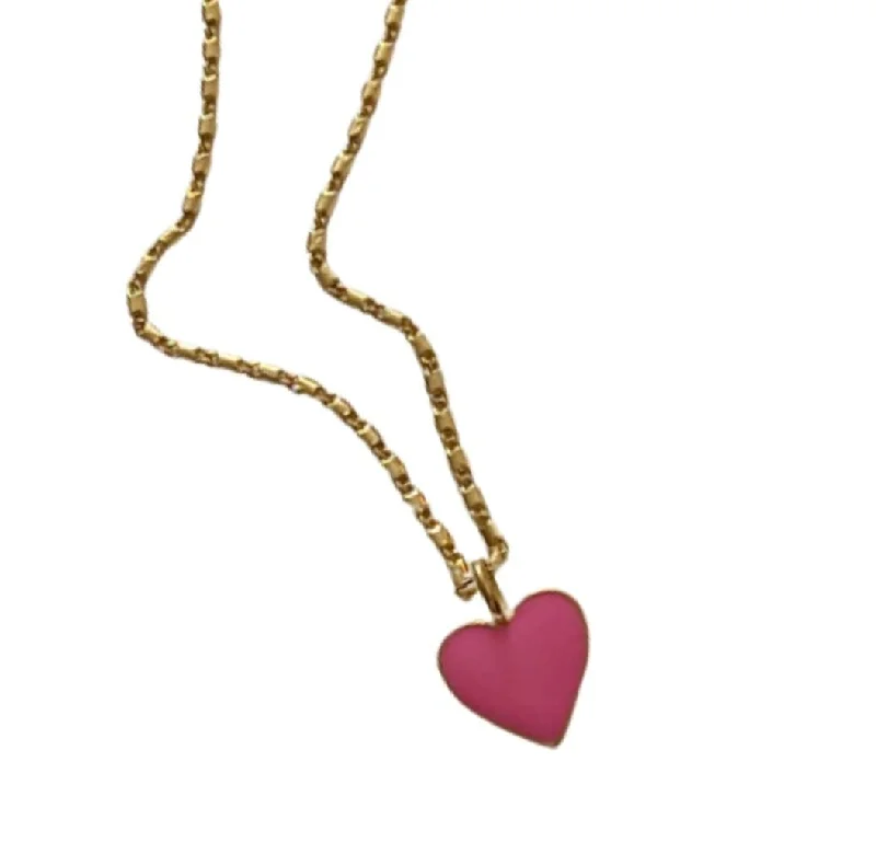 Colorful Gemstone Necklaces-Pink Enamel Heart Charm Necklace