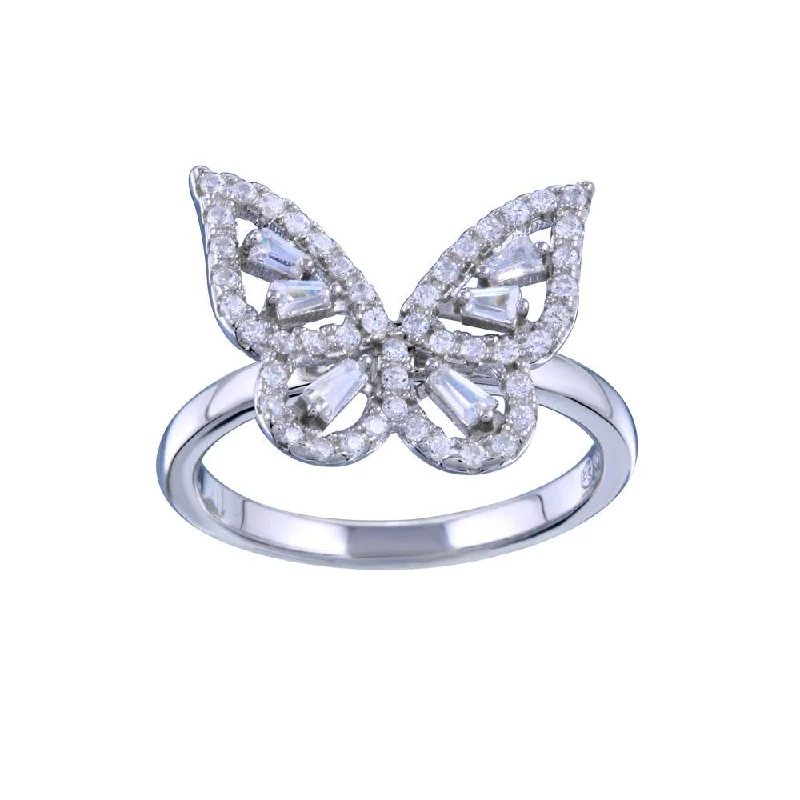 Matching Gold Wedding Rings-Rhodium Plated 925 Sterling Silver Outline Clear CZ Butterfly Ring - BGR01340