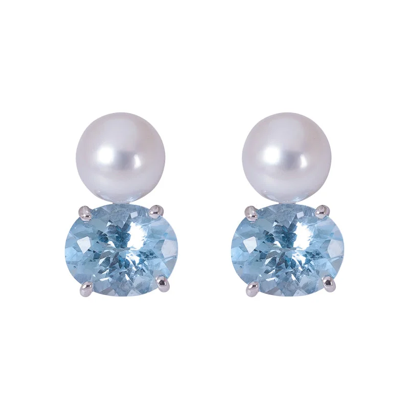 Round Silver Earrings-Earrings- South Sea Pearl and Blue Topaz in Silver