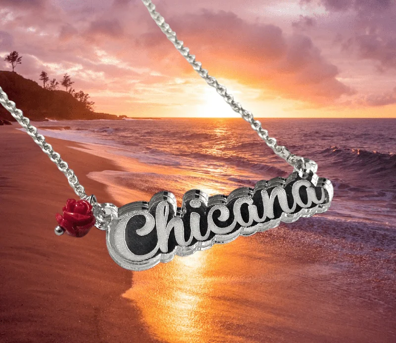 Bohemian Style Necklaces-Chicana Silver Nameplate Necklace