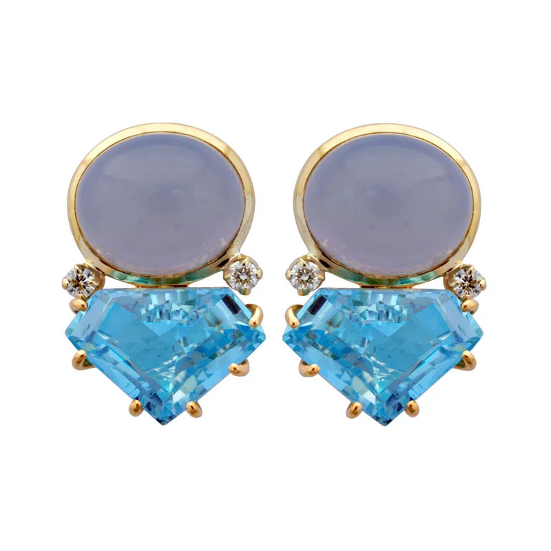 Stunning Gold Earrings-Earrings- Chalcedony, Blue Topaz And Diamond (1866A)