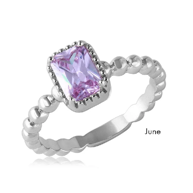 Designer Gemstone Rings-June Sterling Silver 925 Rhodium Plated Beaded Shank Square Center Birthstone Ring - BGR01081JUN