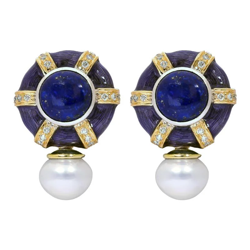 Pearl Stud Earrings-Earrings- Lapis Lazuli, Sea South Pearl and Diamond (Enamel)  (40HM)