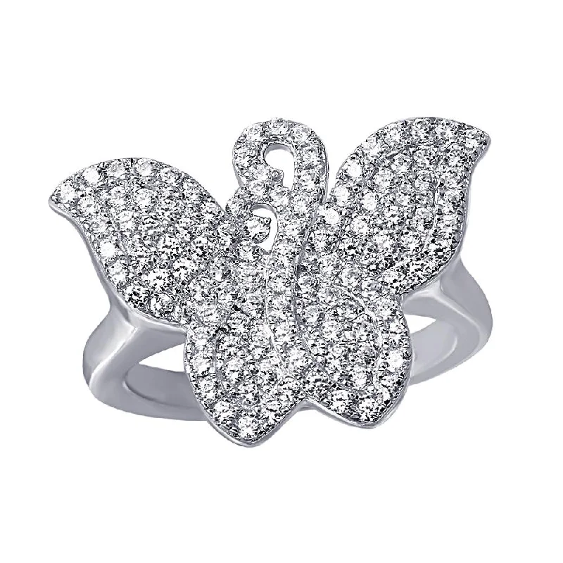 Engagement Rings with Colored Stones-Silver 925 Rhodium Plated Butterfly Covered With CZ - ACR00047