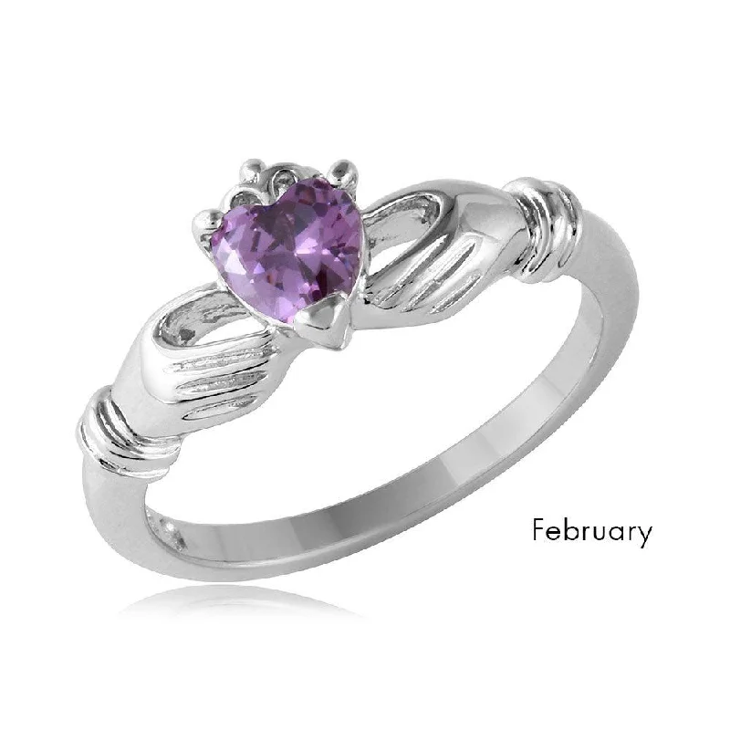 Stylish Gemstone Wedding Bands-February Sterling Silver 925 Rhodium Plated CZ Center Birthstone Claddagh Ring - BGR01083FEB