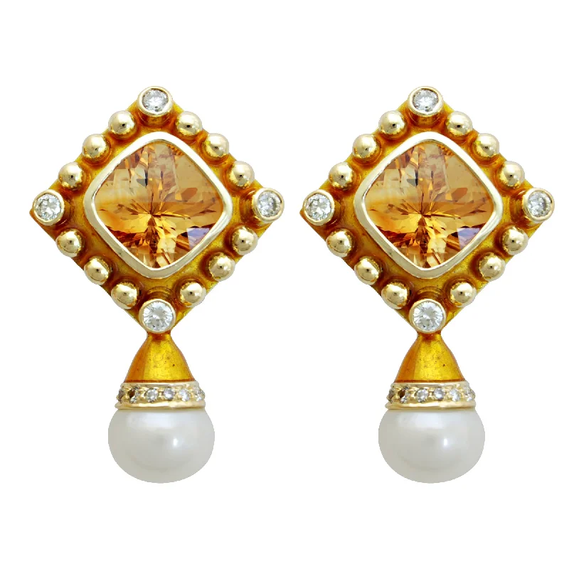 Bold Statement Earrings-Earrings - Citrine, Pearl & Diamond (enamel) (1714E)