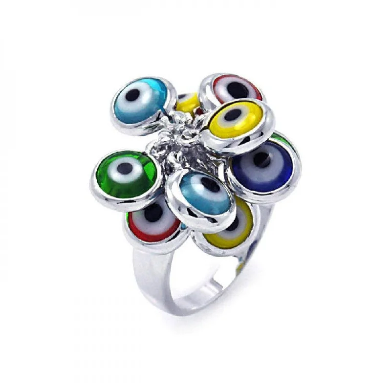 Trendy Rings for Men-Silver 925 Rhodium Plated Multi Colored Hanging Evil Eye Ring - BGR00258