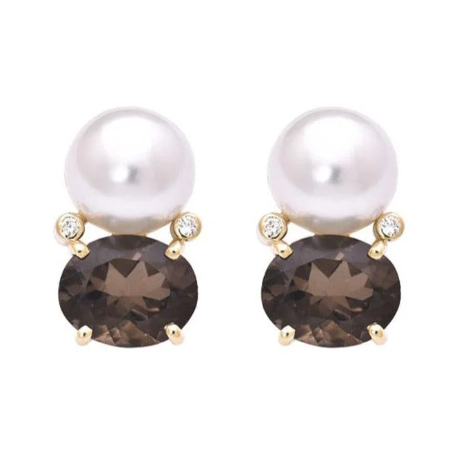 Unique Wedding Stud Earrings-Earrings- Smokey Quartz, South Sea Pearl and Diamond  (2189F)