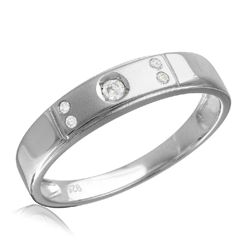 Unique Wedding Bands-Rhodium Plated 925 Sterling Silver Matte Finish 5 CZ Wedding Ring - GMR00145