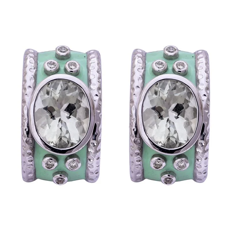 Gemstone Stud Earrings-Earrings- Green Quartz and Diamond (Enamel)  (256FS)