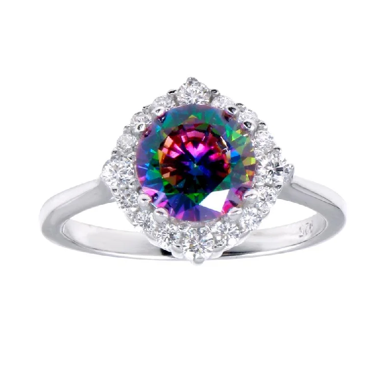 Gold Diamond Rings-Rhodium Plated 925 Sterling Silver Round Halo Mystic Topaz CZ Ring - BGR01263