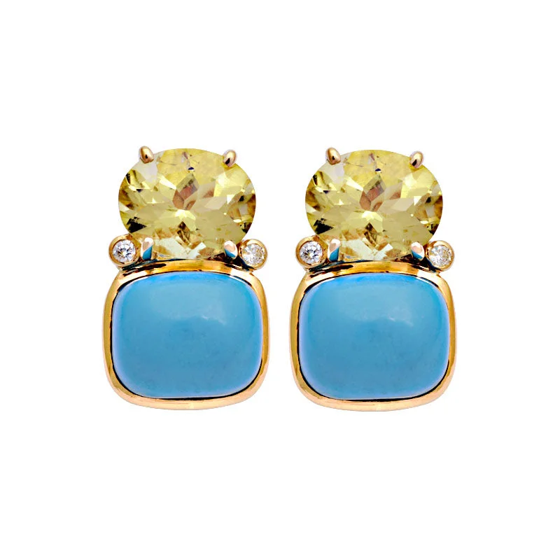 Crystal Drop Earrings-Earrings- Lemon Quartz, Synthetic Turquoise And Diamond (2126C)