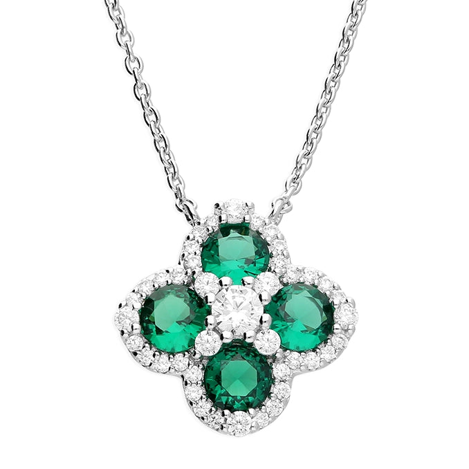 Personalized Pendant Necklaces-Sterling Silver Cubic Zirconia Green White Clover Necklace