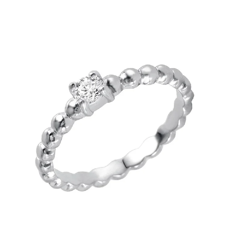 Silver Gemstone Rings-Silver 925 Rhodium Plated Clear CZ Bead Ring - BGR00938