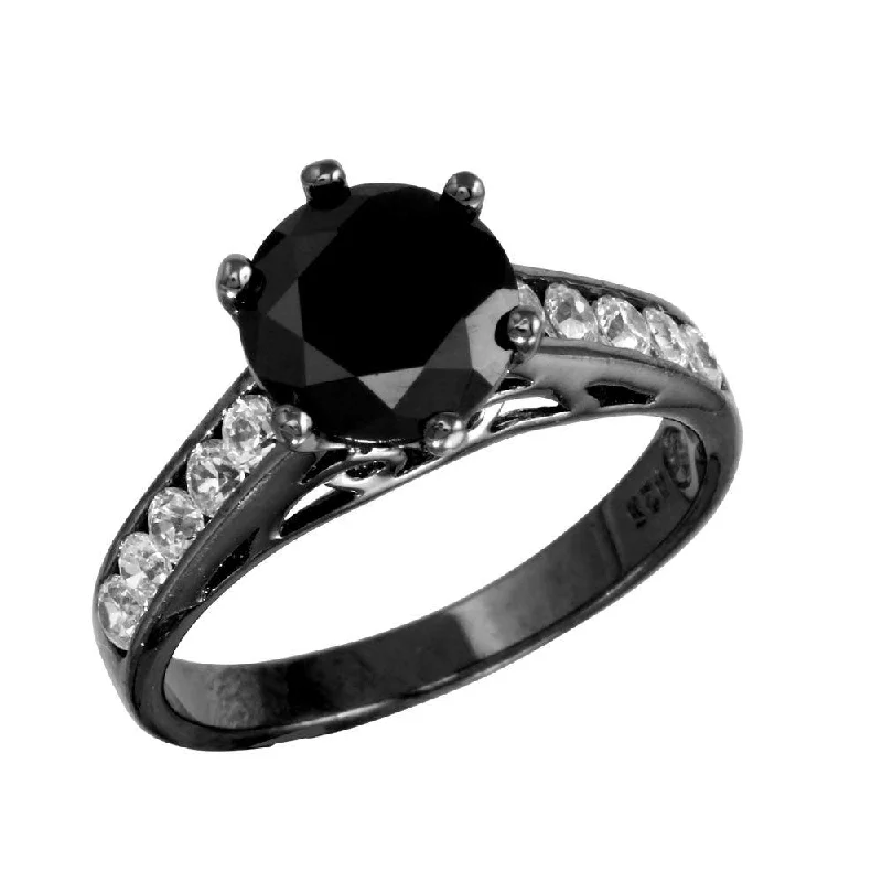 Designer Wedding Bands-Black Rhodium Plated 925 Sterling Silver  CZ Shank Black CZ Center Stone Ring - STR00758BLK