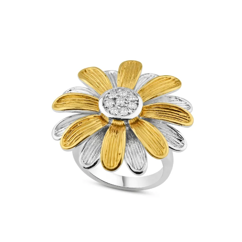 Classic Engagement Rings-Clearance-Silver 925 Rhodium and Gold Plated Clear CZ Daisy Flower Ring - BGR00126