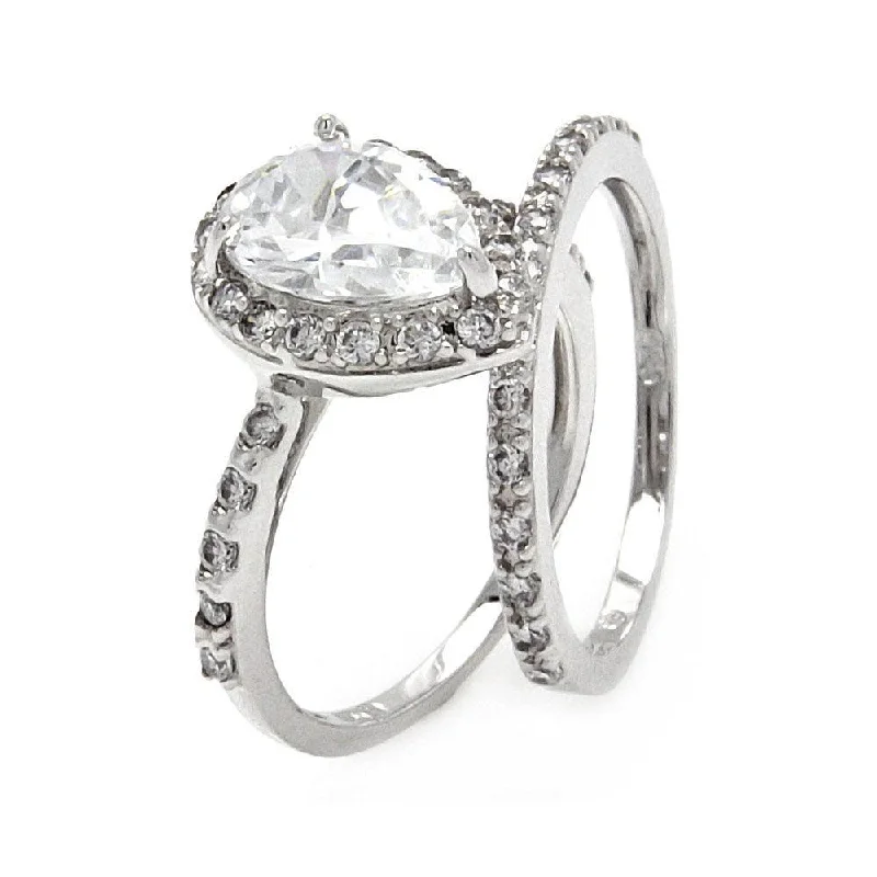 Modern Diamond Rings-Silver 925 Rhodium Plated Clear Pear Shaped CZ Bridal Ring Set - BGR00530