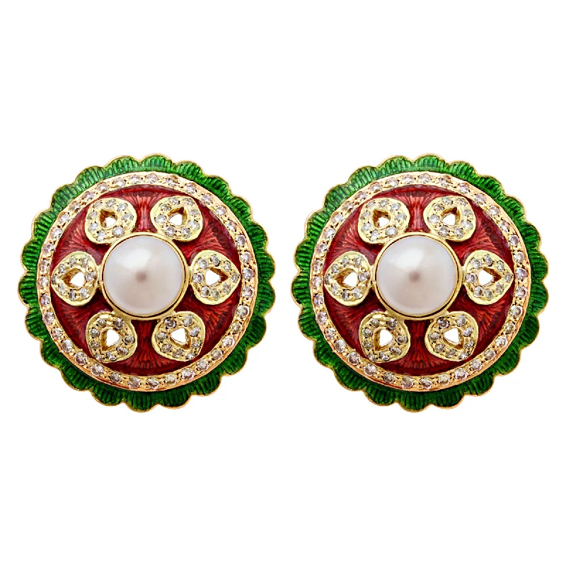 Trendy Pearl Earrings-Earrings - Fresh Water Pearl And Diamond (Enamel)