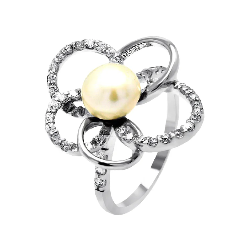 Designer Bridal Rings-Silver 925 Rhodium Plated Fresh Water Pearl Center Clear CZ Flower Ring - BGR00512