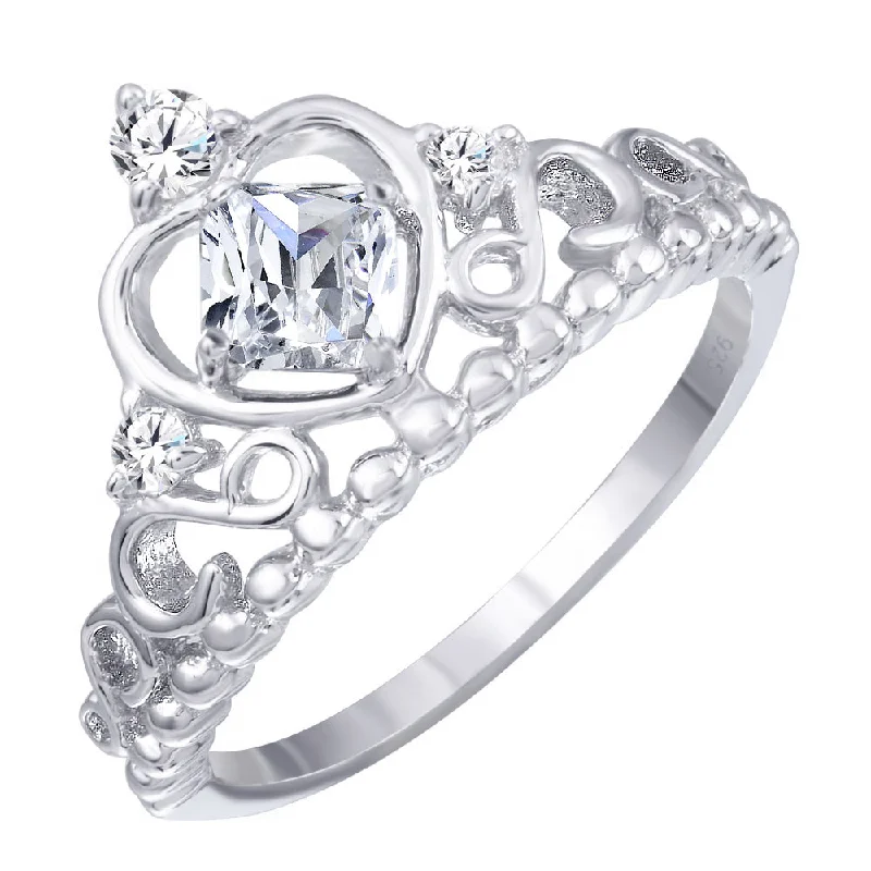 Bridal Diamond Rings-Rhodium Plated 925 Sterling Silver Crown Ring with Clear CZ - BGR01168CLR