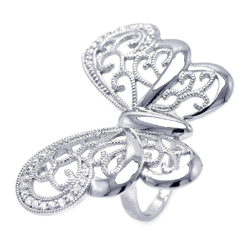 Luxury Diamond Wedding Rings-Clearance-Silver 925 Rhodium Plated CZ Large Butterfly Ring - STR00830