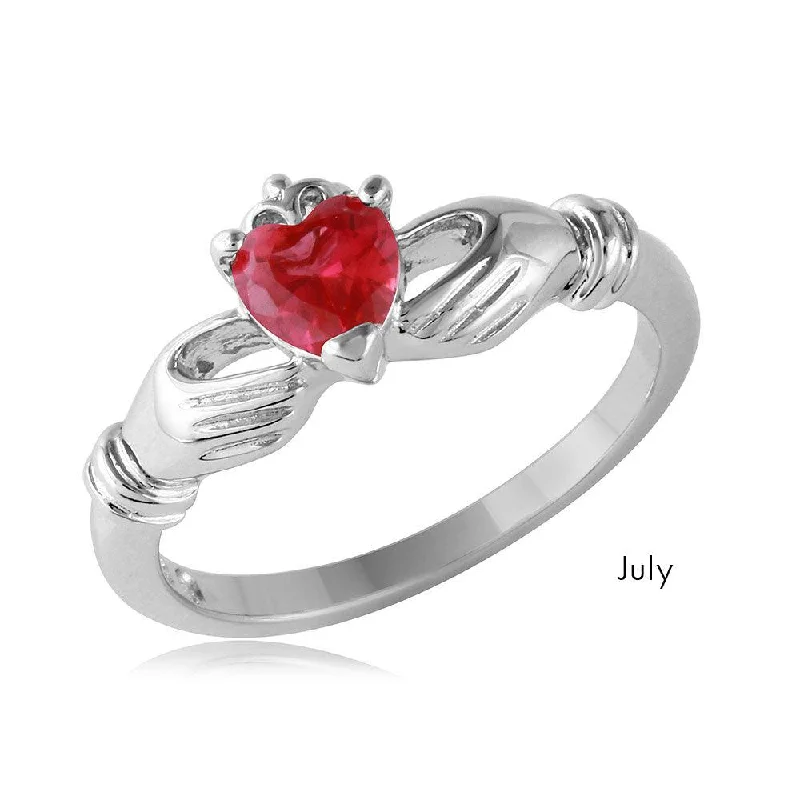 Bold Statement Wedding Rings-July Sterling Silver 925 Rhodium Plated CZ Center Birthstone Claddagh Ring - BGR01083JUL