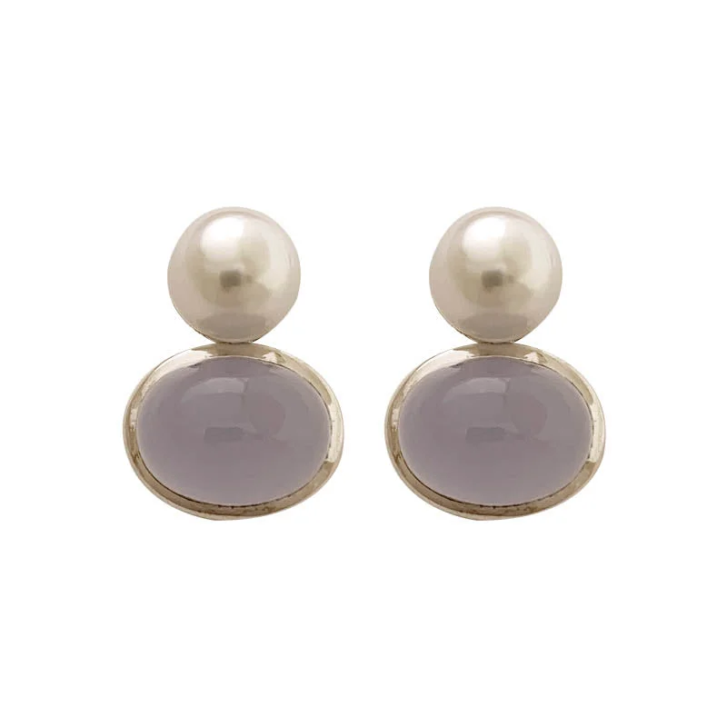 Eye-Catching Earrings-EARRINGS- CHALCEDONY, S.S. PEARL IN STERLING SILVER