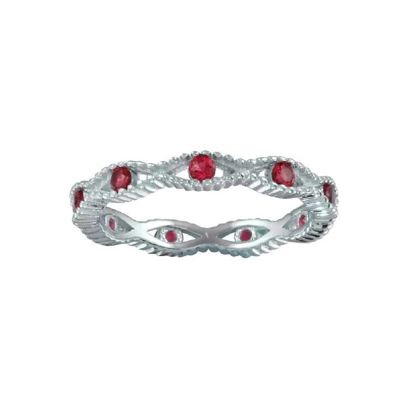 Classic Diamond Rings-Rhodium Plated 925 Sterling Silver Intersecting Waves Red CZ Ring- BGR01294RED