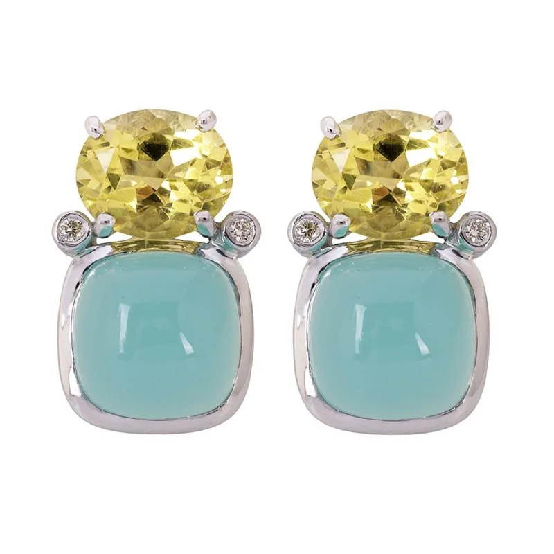 Luxury Drop Earrings-Earrings- Chalcedony, Lemon Quartz and Diamond  (263DS)