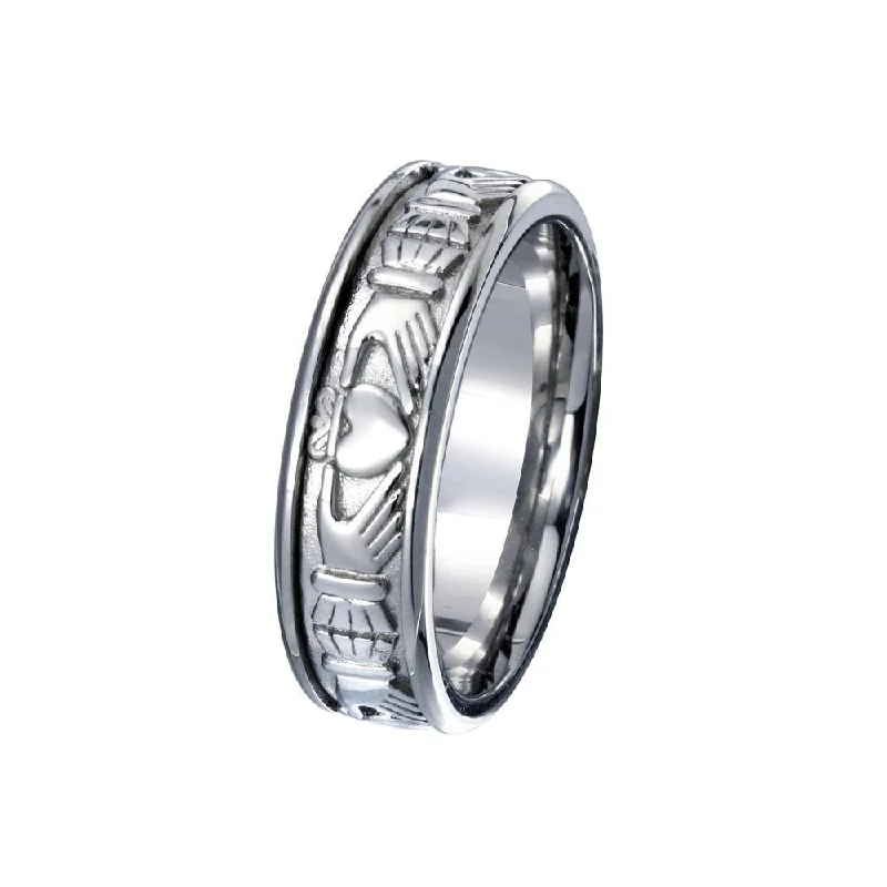 Sparkling Diamond Rings-Rhodium Plated 925 Sterling Silver Men's Claddagh Band 6.5mm - EWR00006