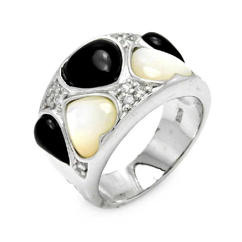 Stylish Adjustable Rings-Clearance-Silver 925 Rhodium Plated Onyx Pearl Heart CZ Ring - STR00279