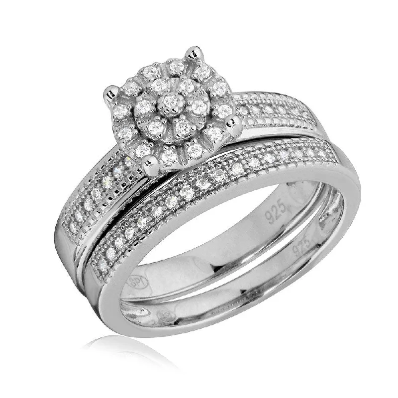 Beautiful Wedding Rings-Rhodium Plated 925 Sterling Silver Cluster Stones Wedding Ring Set - GMR00178