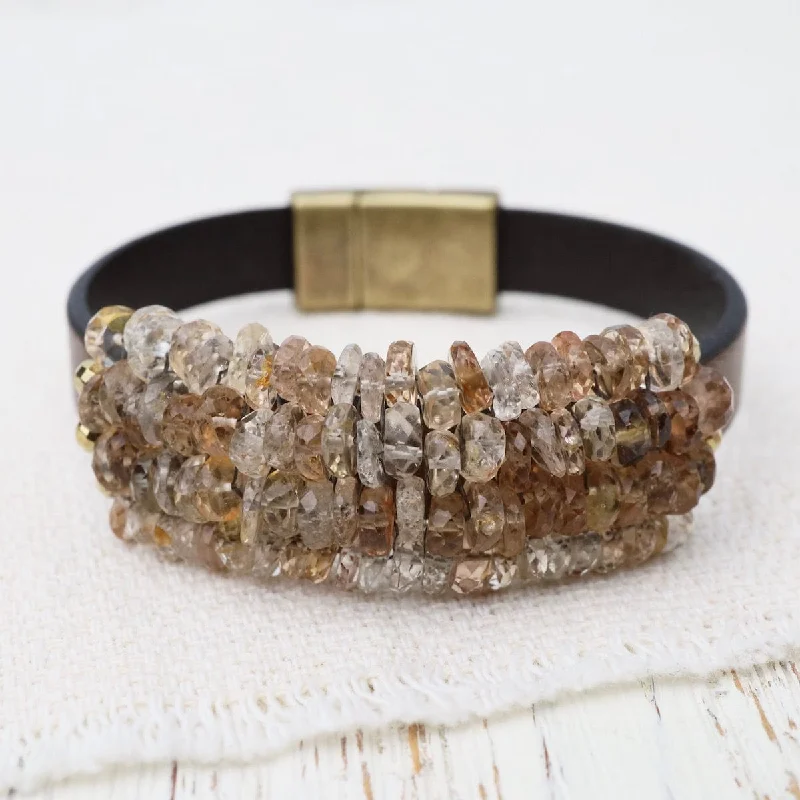 Classic Gold Bracelets-Imperial Topaz with Gold Pyrite Trim on Metallic Brown Leather Bracelet