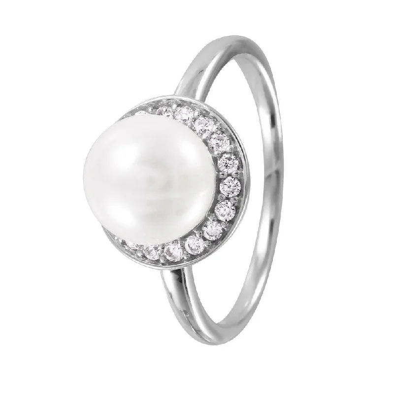 High-End Wedding Bands-Silver 925 Rhodium Plated Round Band with Synthetic Pearl CZ Halo Ring - GMR00073