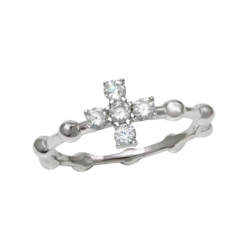 Designer Engagement Rings-Rhodium Plated 925 Sterling Silver Beaded Shank CZ Cross Ring - BGR01193