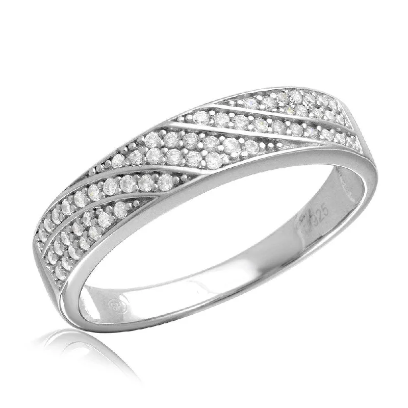 Bold Wedding Bands-Rhodium Plated 925 Sterling Silver Men's Wave CZ Band Wedding Ring - GMR00155