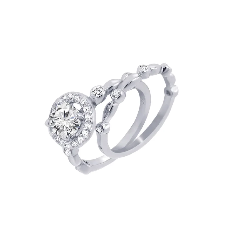 Classic Engagement Rings-Silver 925 Rhodium Plated Clear Round Cluster and Center CZ Bridal Ring Set - BGR00616