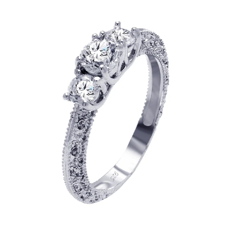 Beautiful Diamond Rings-Rhodium Plated 925 Sterling Silver Clear CZ Ornate Past Present Future Bridal Ring - BGR00372