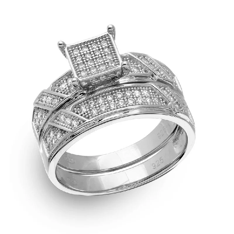 Wedding Bands for Women-Silver 925 Rhodium Plated Square Pave Center Trio Bridal Ring - GMR00150