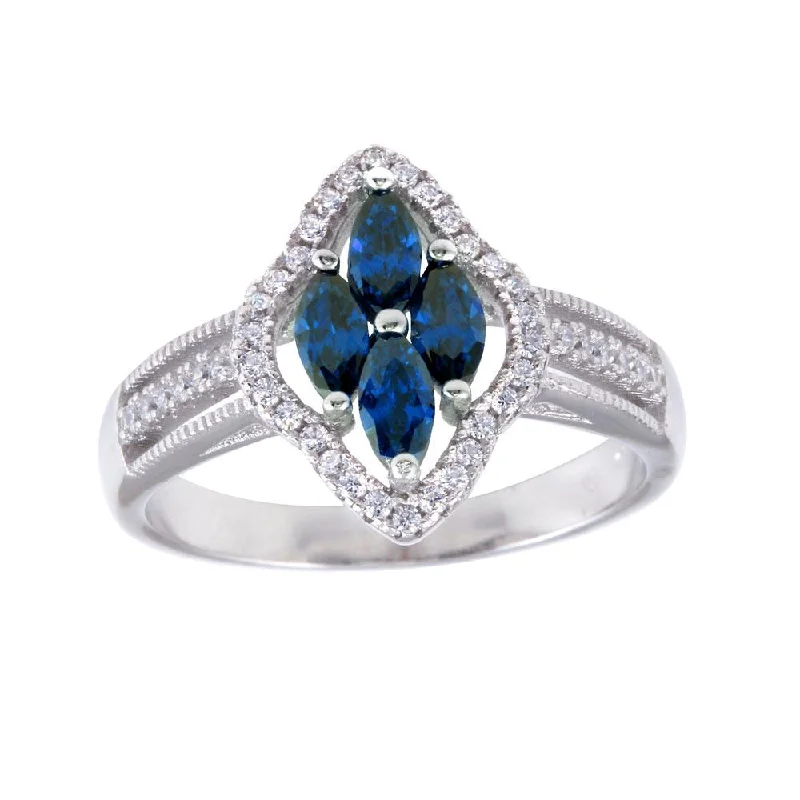 Engagement Rings with Colored Stones-Rhodium Plated 925 Sterling Silver 4 Blue Marquise Center CZ Ring - BGR01253BLU