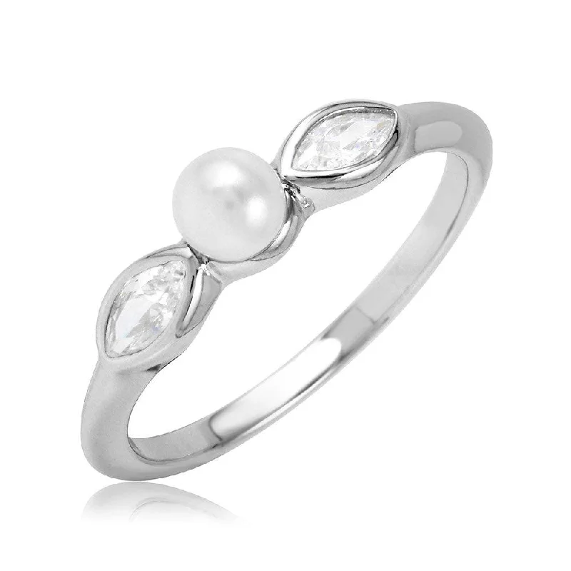 Men’s Wedding Rings-Silver 925 Rhodium Plated Cats Eye CZ Synthetic Pearl Center Stone Ring - BGR01078