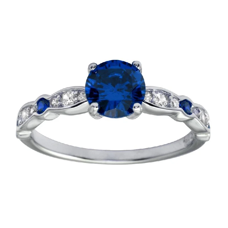 Simple Solitaire Rings-Rhodium Plated 925 Sterling Silver Blue Center CZ Stone Ring - BGR01191BLU