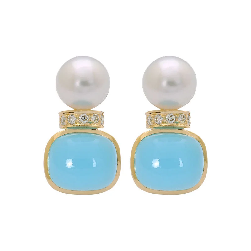 Bright Gemstone Earrings-Earrings- Chalcedony, South Sea Pearl and Diamond