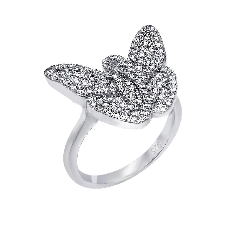 Simple Wedding Bands-Silver 925 Rhodium Plated Micro Pave CZ Butterfly Ring - ACR00051