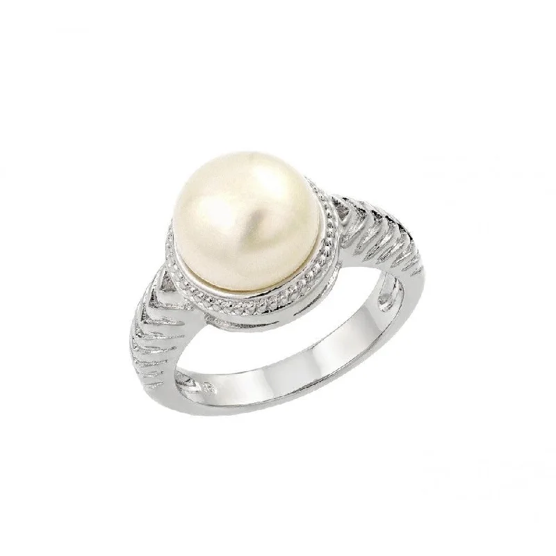 Gemstone Engagement Rings-Silver 925 Rhodium Plated Fresh Water Pearl Center Rope Ring - BGR00908